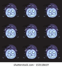 Vector seamless Halloween pattern with pumpkins, bats and ornaments, blue color