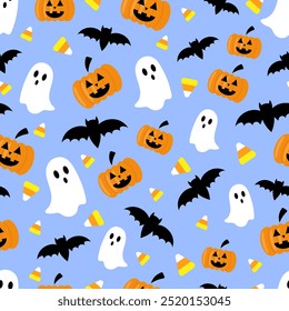 Vector seamless Halloween pattern with pumpkins, bats, ghosts and candies on a blue background