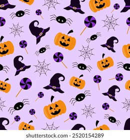 Vector seamless Halloween pattern with pumpkins, witch hats, cobwebs, spiders and candies on a purple background