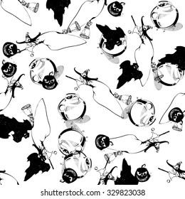 Vector seamless halloween pattern. Seamless pattern with pumpkins, witch, ghost. Black and white seamless pattern for Halloween. Halloween pattern on isolated background