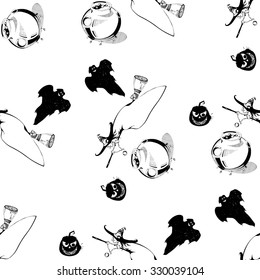 Vector seamless halloween pattern. Seamless pattern with pumpkins, witch, ghost, caldron. Black and white seamless pattern for Halloween. Halloween pattern on isolated background