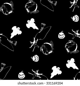 Vector seamless halloween pattern. Seamless pattern with pumpkins, witch, ghost, caldron. Black and white seamless pattern for Halloween. Halloween pattern on black  background