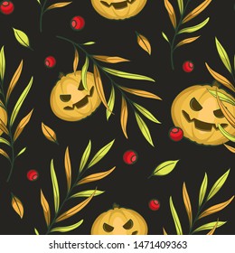 Vector seamless Halloween pattern with scary pumpkins, autumn leaves and red berries on black background