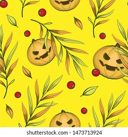 Vector seamless Halloween pattern with scary pumpkins, autumn leaves and red berries on yellow background. Halloween design for gift box, greeting card, wallpaper, fabric, web design.