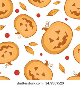 Vector seamless Halloween pattern with scary pumpkins, leaves and berries. Halloween design for greeting card, gift box, wallpaper, fabric, web design.