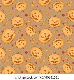 Vector seamless Halloween pattern with scary pumpkins. Simple halloween design for greeting card, gift box, fabric, web design.