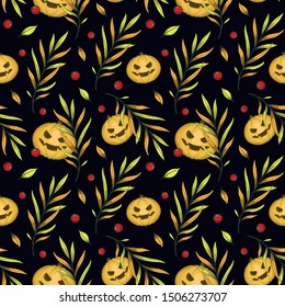 Vector seamless Halloween pattern with scary pumpkins on black background for greeting card, gift box, wallpaper, fabric, web design.