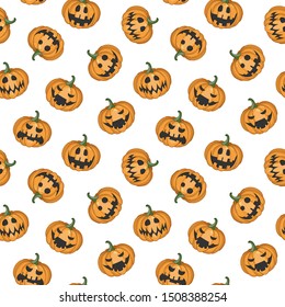 Vector seamless Halloween pattern with scary pumpkins for greeting card, gift box, wallpaper, fabric, web design. Isolated on white.