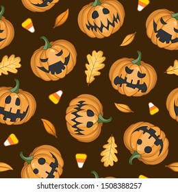 Vector seamless Halloween pattern with scary pumpkins on brown background for greeting card, gift box, wallpaper, fabric, web design.