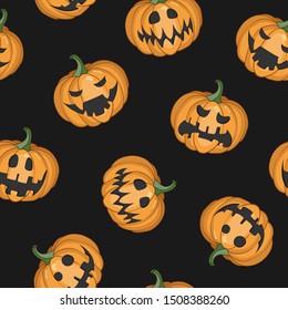 Vector seamless Halloween pattern with scary pumpkins on black background for greeting card, gift box, wallpaper, fabric, web design.
