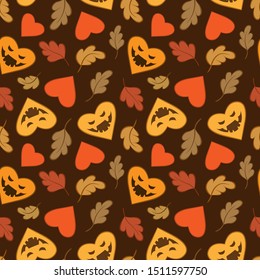 Vector seamless Halloween pattern. Scary hearts and falling leaves on dark brown background. Halloween design for greeting card, gift box, wallpaper, web design.