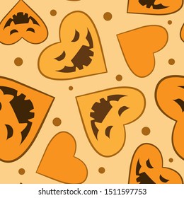Vector seamless Halloween pattern. Scary hearts on beige background. Halloween design for greeting card, gift box, wallpaper, fabric, web design.