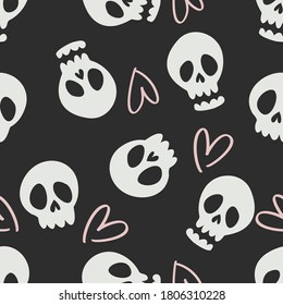 Vector seamless halloween pattern with sculls and hearts. Doodle background