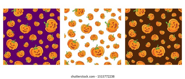 vector seamless halloween pattern set with cartoon cute and funny pumpkins on various backdrops. halloween background with evil pumpkin. jack-o-lantern pattern for Halloween Thanksgiving party design