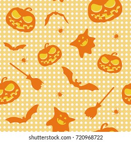 Vector seamless Halloween pattern with set of scary pumpkins
