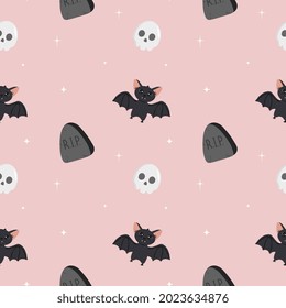 Vector Seamless Halloween Pattern With Skull, Bat, Headstone Isolated On Pink Background. Perfect For  For Fabric, Wrapping, Textile, Wallpaper, Clothing, Greeting Cards. Halloween Background