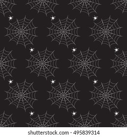 Vector seamless Halloween pattern, spider web. Black and white monochrome background. Spider web seamless monochrome pattern. Realistic Halloween elements, pattern textile design.