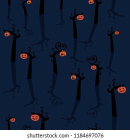 vector seamless halloween pattern with trees and  hanging Jack'o lanterns