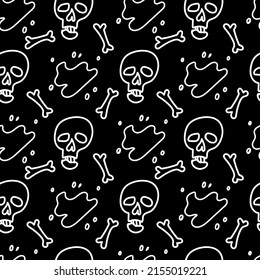 Vector seamless Halloween pattern with white line on black background.Festive,modern,horror,mystical print in doodle style.Designs for wrapping paper, packaging,cards,notebook covers,textiles,fabric.