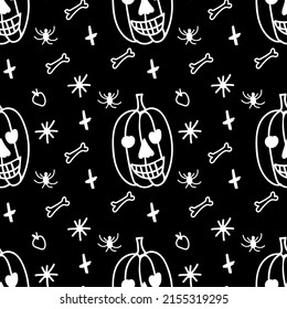 Vector seamless Halloween pattern with white line on black background.Festive,modern,horror,mystical print in doodle style.Designs for wrapping paper, packaging,cards,notebook covers,textiles,fabric.