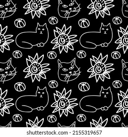 Vector seamless Halloween pattern with white line on black background.Festive,modern,horror,mystical print in doodle style.Designs for wrapping paper, packaging,cards,notebook covers,textiles,fabric.