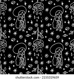 Vector seamless Halloween pattern with white line on black background.Festive,modern,horror,mystical print in doodle style.Designs for wrapping paper, packaging,cards,notebook covers,textiles,fabric.