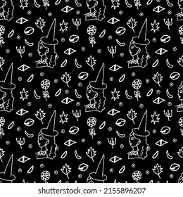 Vector seamless Halloween pattern with white line on black background.Festive,modern,horror,mystical print in doodle style.Designs for wrapping paper, packaging,cards,notebook covers,textiles,fabric.