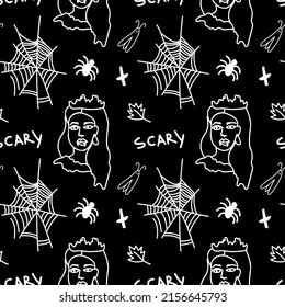 Vector seamless Halloween pattern with white line on black background.Festive,modern,horror,mystical print in doodle style.Designs for wrapping paper, packaging,cards,notebook covers,textiles,fabric.