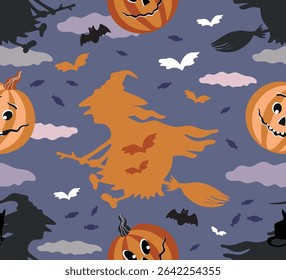 Vector seamless Halloween pattern. Witch flying on a broom, pumpkins with smiles, bats.
