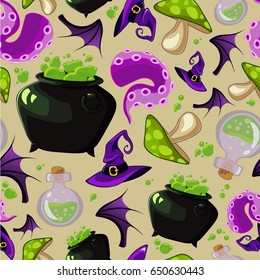 Vector seamless halloween pattern with witchcraft elements. 