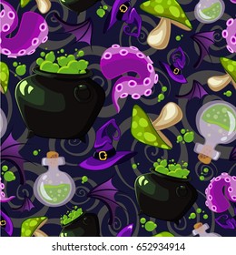 Vector seamless halloween pattern with witchcraft elements.