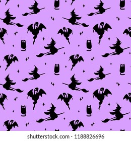 Vector seamless Halloween pattern with witches, ghosts and cats on purple background. Halloween elements.