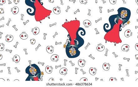 vector seamless halloween pattern with woman death and bones on white background
