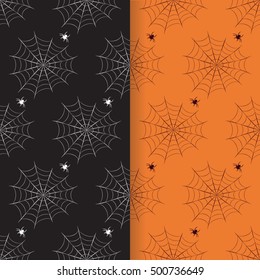 Vector seamless Halloween patterns set, spider web. Black and white monochrome, orange backgrounds. Halloween pattern, set. Black, orange pattern, spider, web.