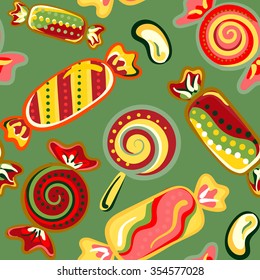 Vector seamless hand draw background with colorful candies on a green background. Bright background with candies. Vector llustration
