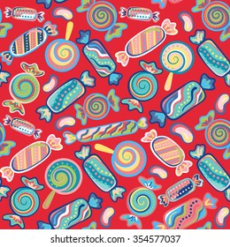 Vector seamless hand draw background with colorful candies on a red background. Bright background with candies. Vector llustration
