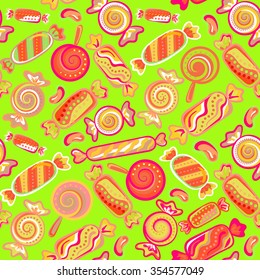 Vector seamless hand draw background with colorful candies on a bright green background. Bright background with candies. Vector llustration