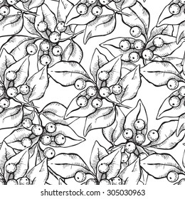 Vector seamless hand draw  Christmas pattern with ink mistletoe illustration.