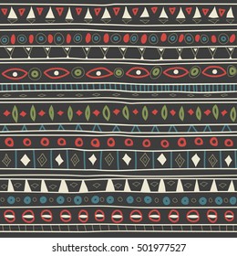 Vector seamless hand draw ethnic decorative ornament. Pattern of shapes and lines with African ethnic motifs on black background.