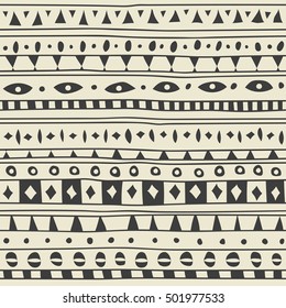 Vector seamless hand draw ethnic decorative ornament. Black pattern with African ethnic motifs on white background.