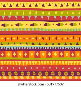 Vector seamless hand draw ethnic decorative ornament. Red, yellow and green pattern with African ethnic motifs.