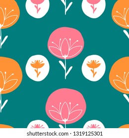 Vector seamless hand draw pattern with floral scandinavian style on dark background