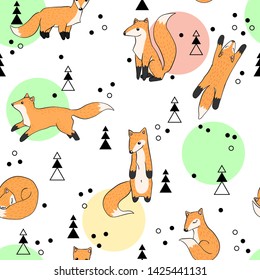 Vector seamless hand draw pattern with funny fox in the forest. Creative scandinavian cartoons kids texture for fabric, wrapping, textile, wallpaper, apparel.