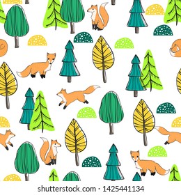 Vector seamless hand draw pattern with funny fox in the forest. Creative scandinavian cartoons kids texture for fabric, wrapping, textile, wallpaper, apparel.