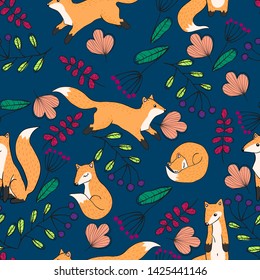 Vector seamless hand draw pattern with funny fox with berry, flowers and leafs Creative scandinavian cartoons kids texture for fabric, wrapping, textile, wallpaper, apparel.
