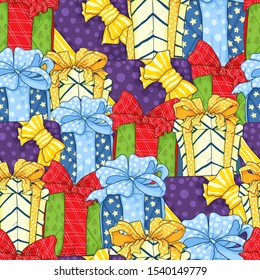 Vector seamless hand draw pattern with colorful gifts boxes with brights bow ribbon in cute artoons style. Best for wallpaper, wrapping paper, bithday design or christmas 