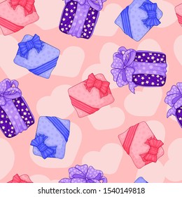 Vector seamless hand draw pattern with colorful gifts boxes with brights bow ribbon on pink background with pastels pink hearts in cartoons style. Best for wallpaper, wrapping paper