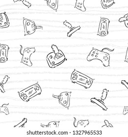 Vector Seamless Hand Draw Sketch Pattern Black various model of game console with crayon effect horizontal Gray line for Background, Paper Wrap, Banner, curtain, etc
