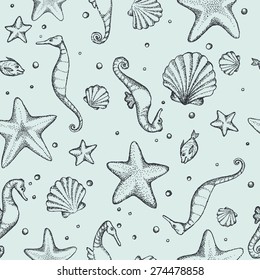 vector seamless hand drawn artistic sea world creatures, sea star, sea horse, shell, bubbles pattern