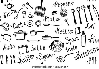 Vector seamless hand drawn background kitchen utensils in grey color